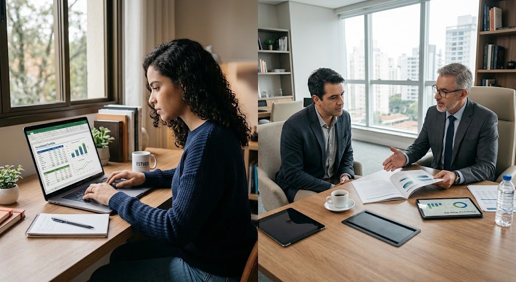 Comparação visual entre investir sozinho e contar com um assessor financeiro